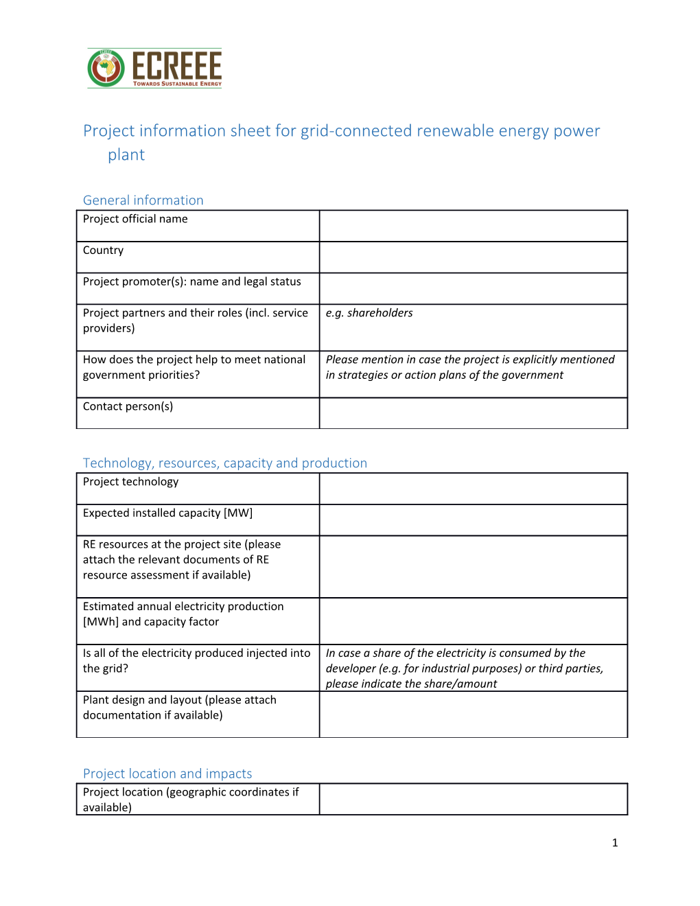 Project Information Sheet for Grid-Connected Renewable Energy Power Plant