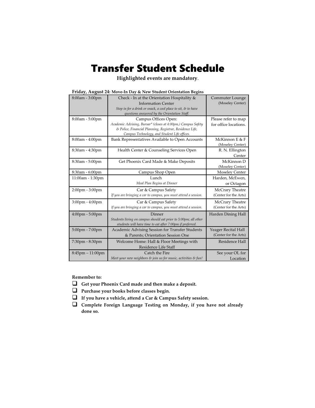 Transfer Student Schedule