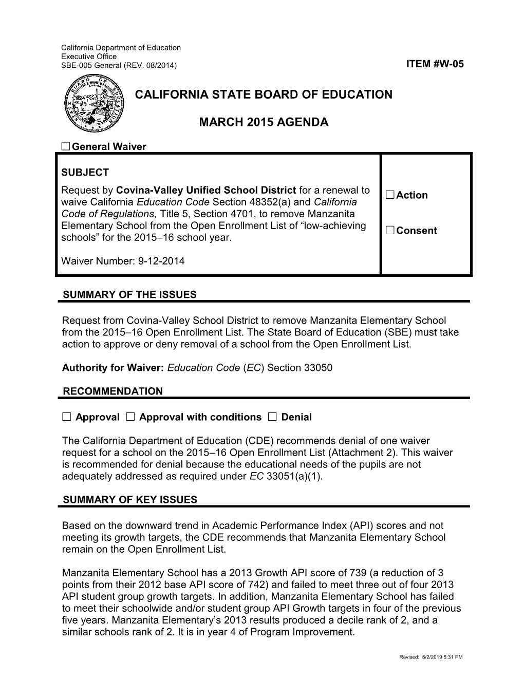 March 2015 Waiver Item W-05 - Meeting Agendas (CA State Board of Education)