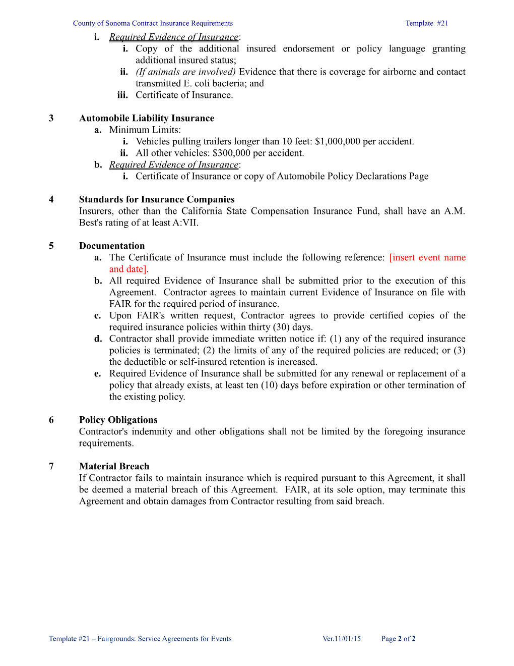 County of Sonoma Contract Insurance Requirements Template #21