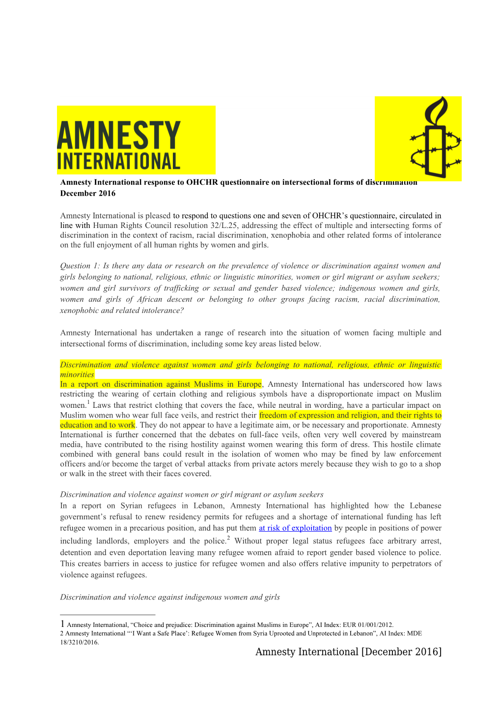 10 Amnesty International Response to OHCHR Quesionnaire on Intersectional Forms Of