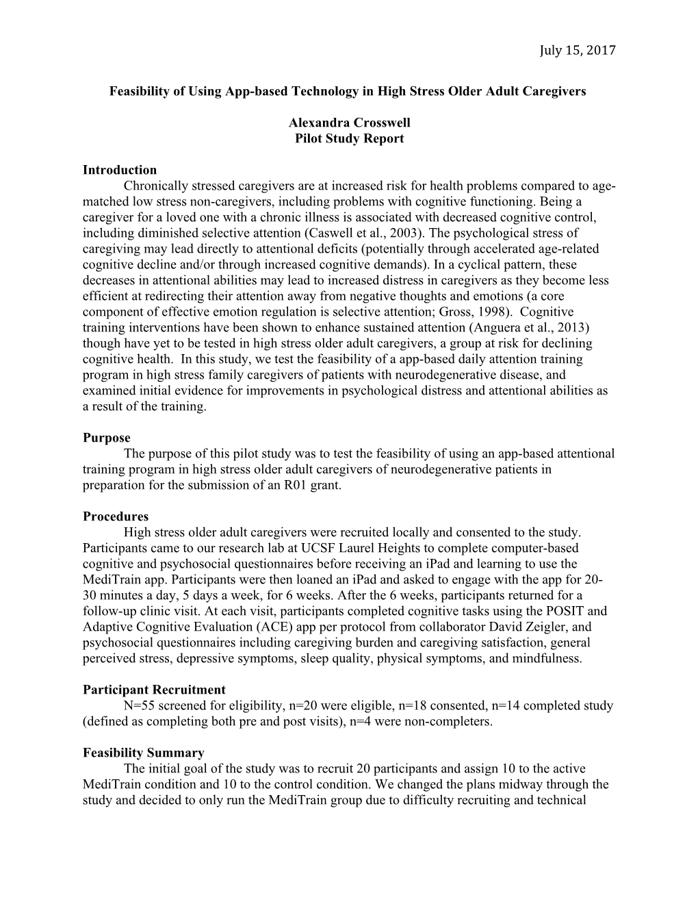 Feasibility of Using App-Based Technology in High Stress Older Adult Caregivers