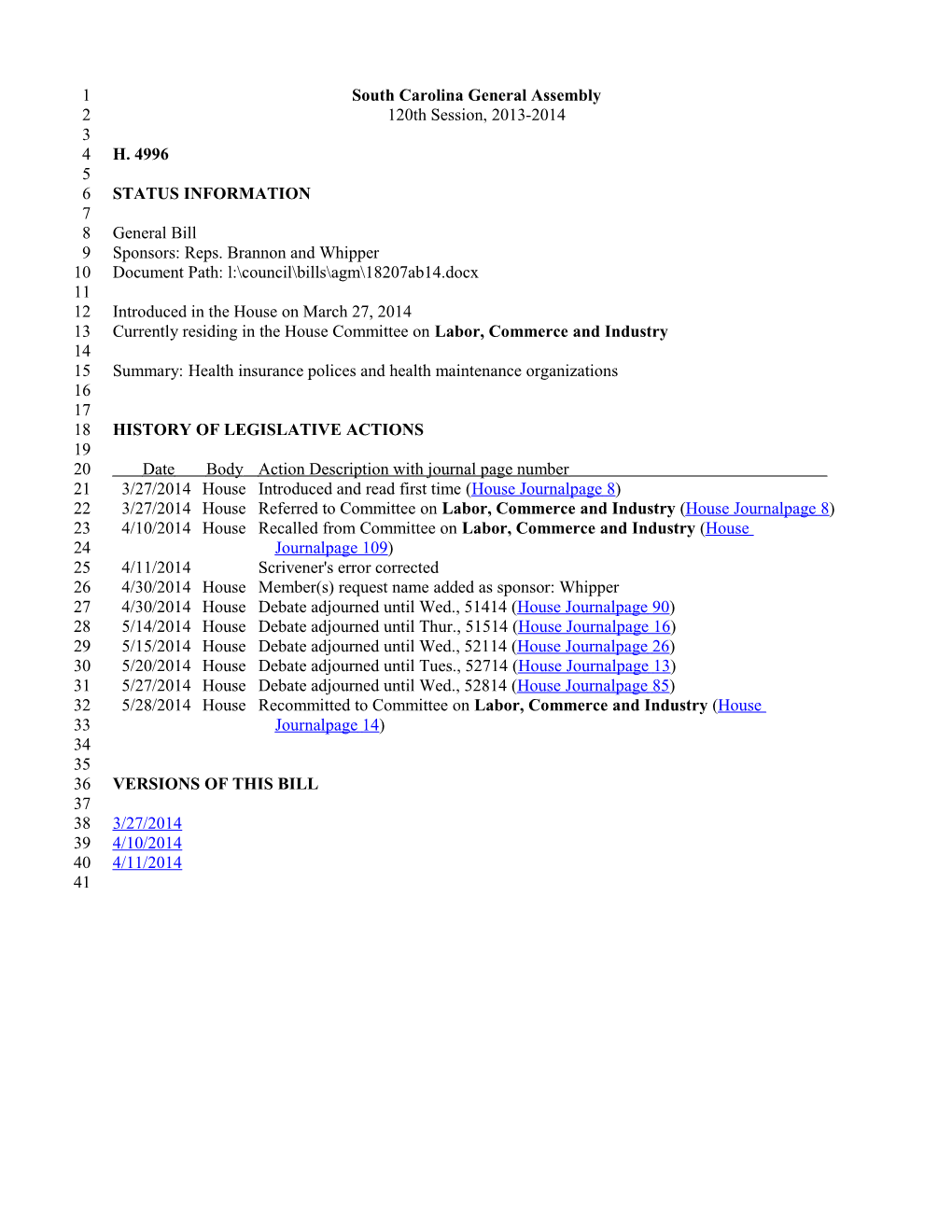 2013-2014 Bill 4996: Health Insurance Polices and Health Maintenance Organizations - South