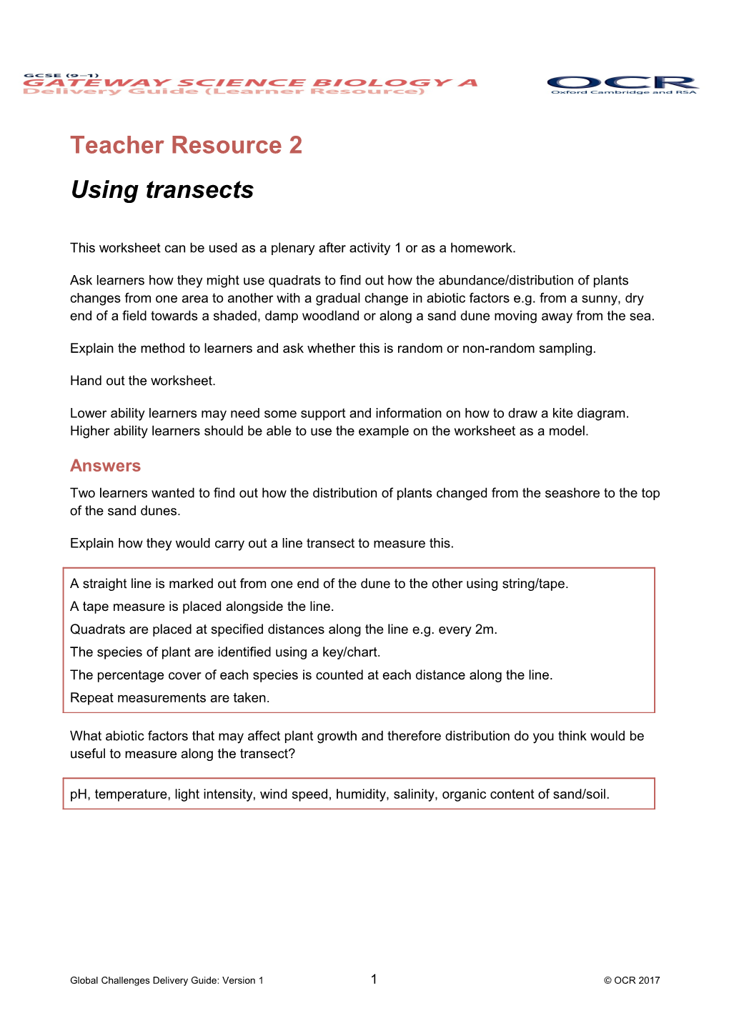 Teacher Resource 2: Using Transects