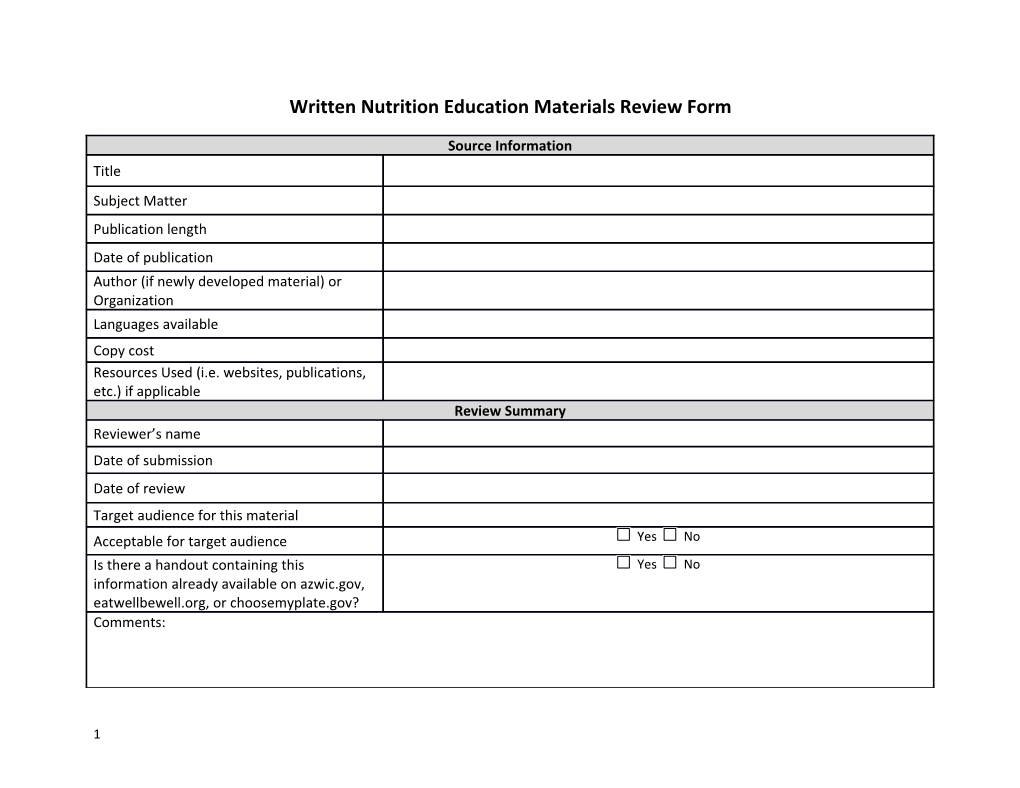 Written Nutrition Education Materials Review Form