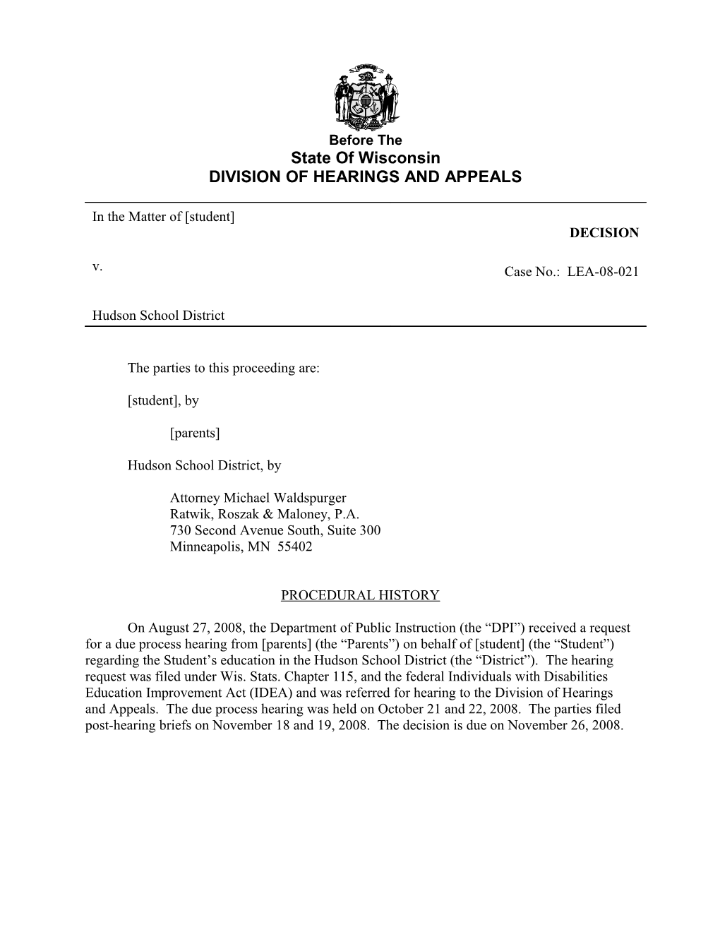 Due Process Hearing Decision LEA-08-021