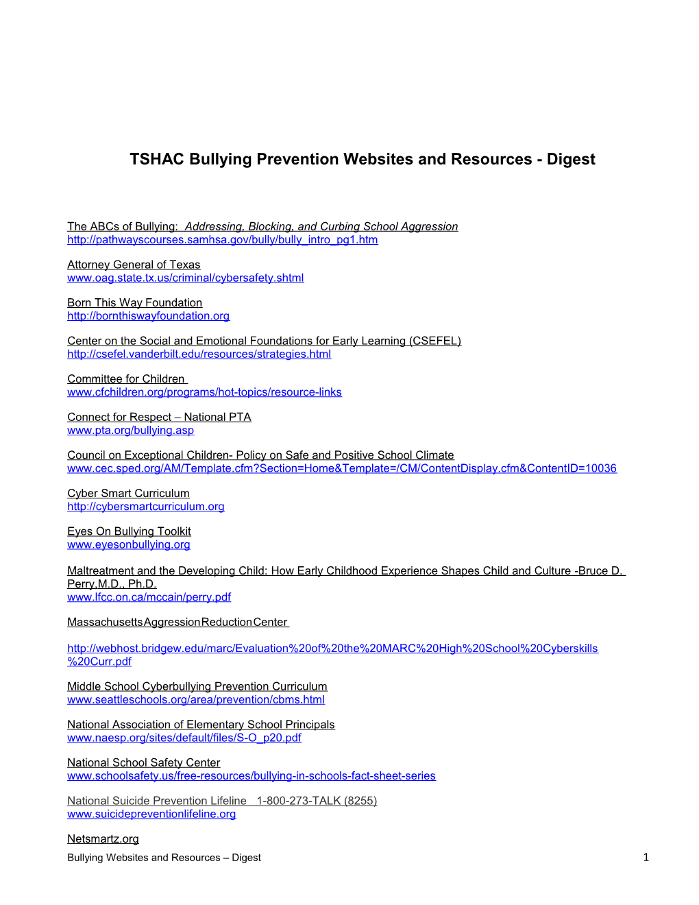 TSHAC Bullying Prevention Websites and Resources- Digest