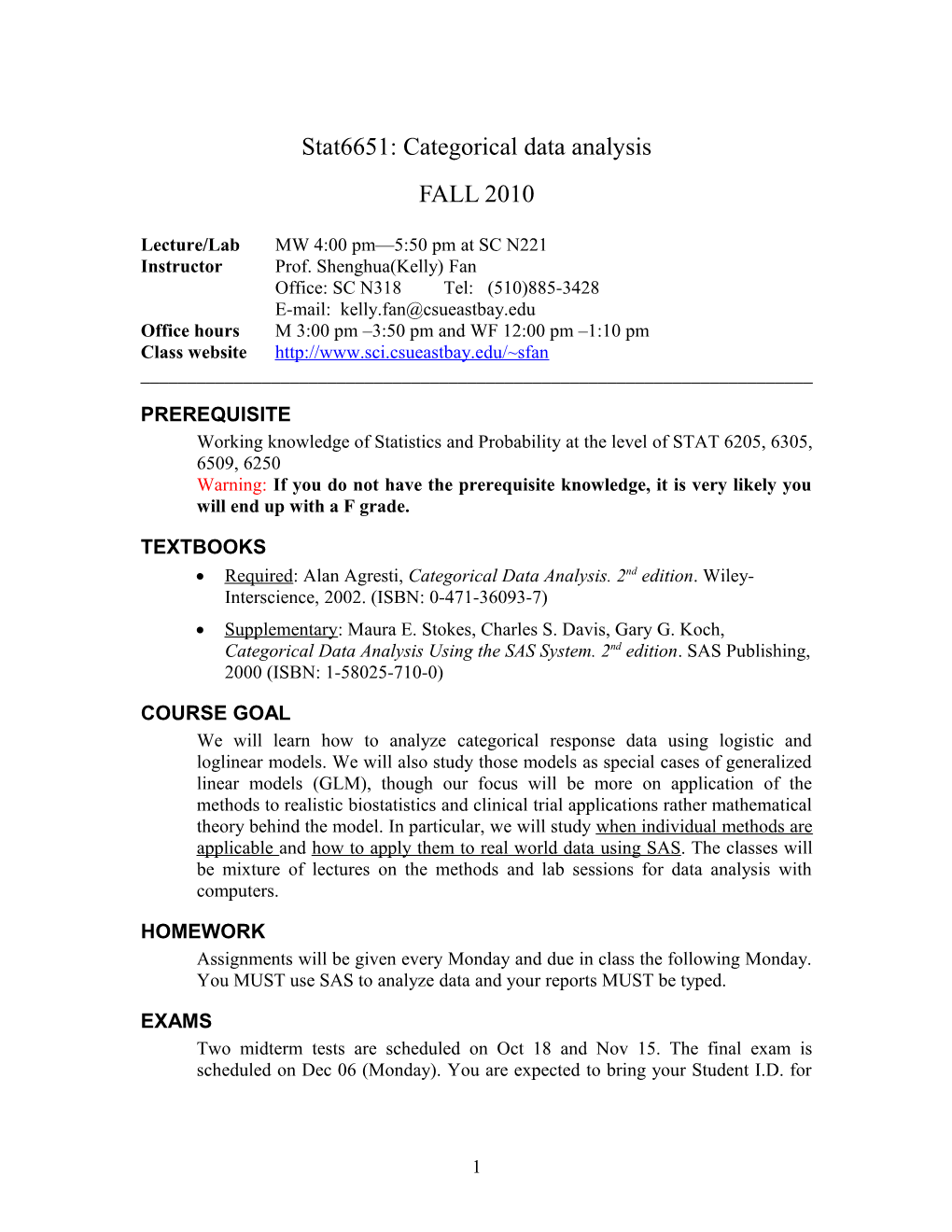 Information Sheet for Stat1000, CSUEB