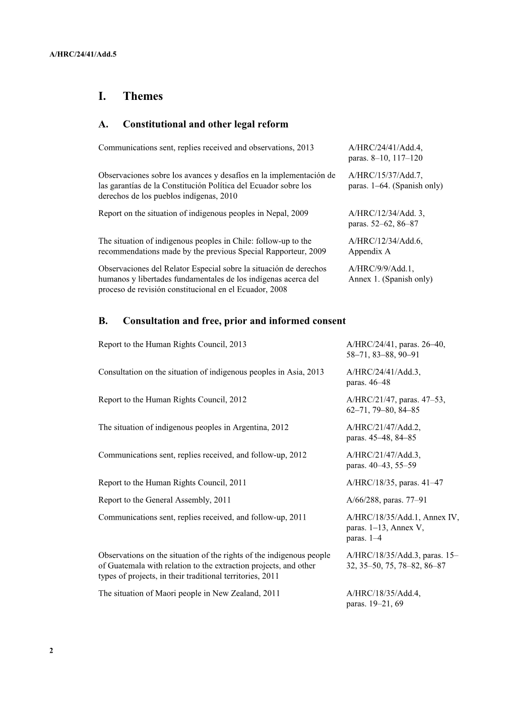Index of Reports of the Special Rapporteur on the Rights of Indigenous Peoples by Theme