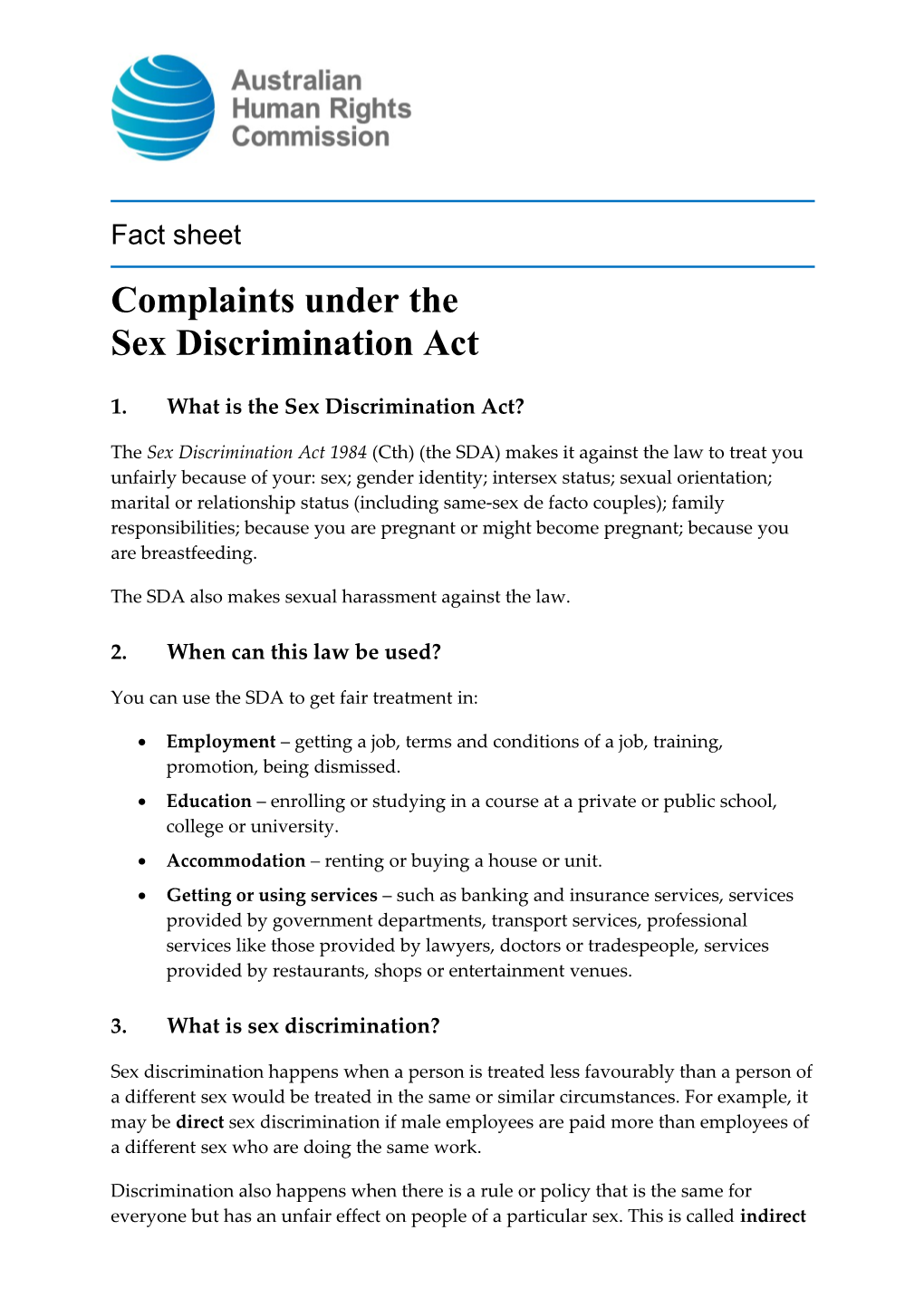 Fact Sheet Complaints Under the Sex Discrimination Act