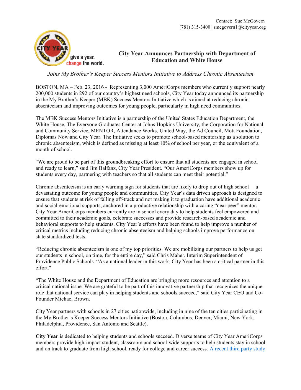 City Year Announces Partnership with Department of Education and White House