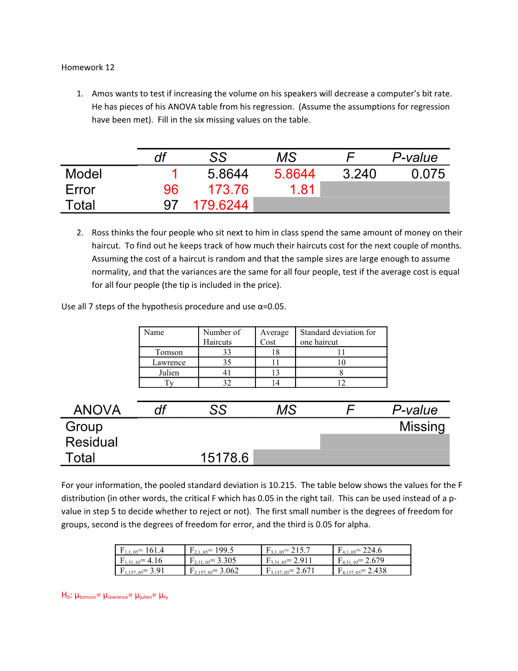 Use All 7 Steps of the Hypothesis Procedure and Use Α=0.05