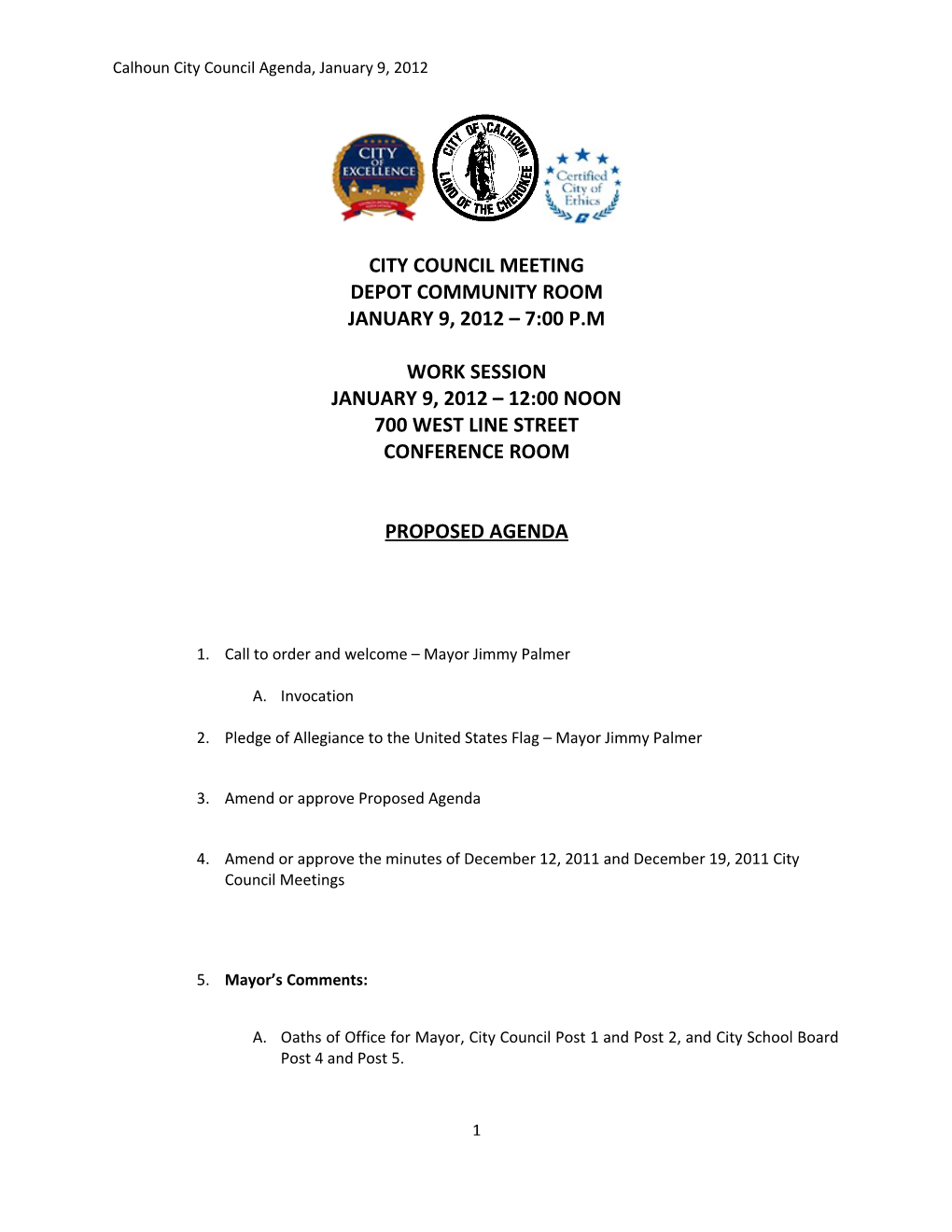 Calhoun City Council Agenda, January 9, 2012