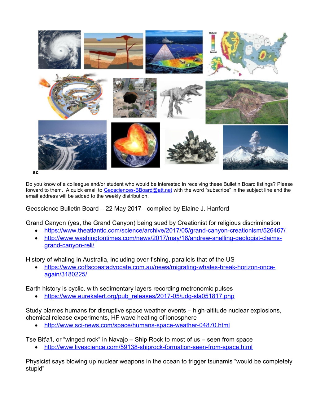 Geoscience Bulletin Board 22 May 2017- Compiled by Elaine J. Hanford
