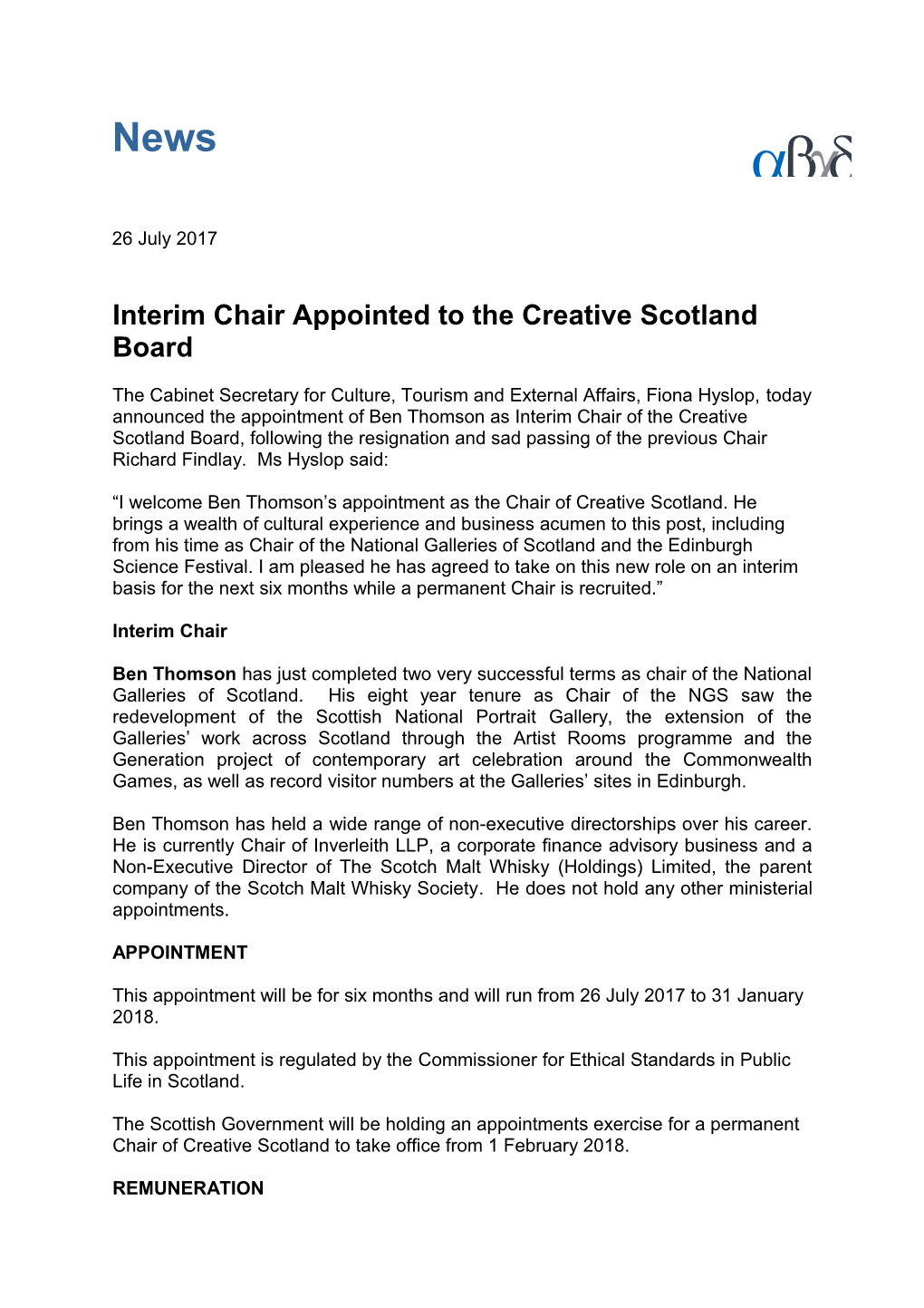 Interim Chair Appointed to the Creative Scotland Board