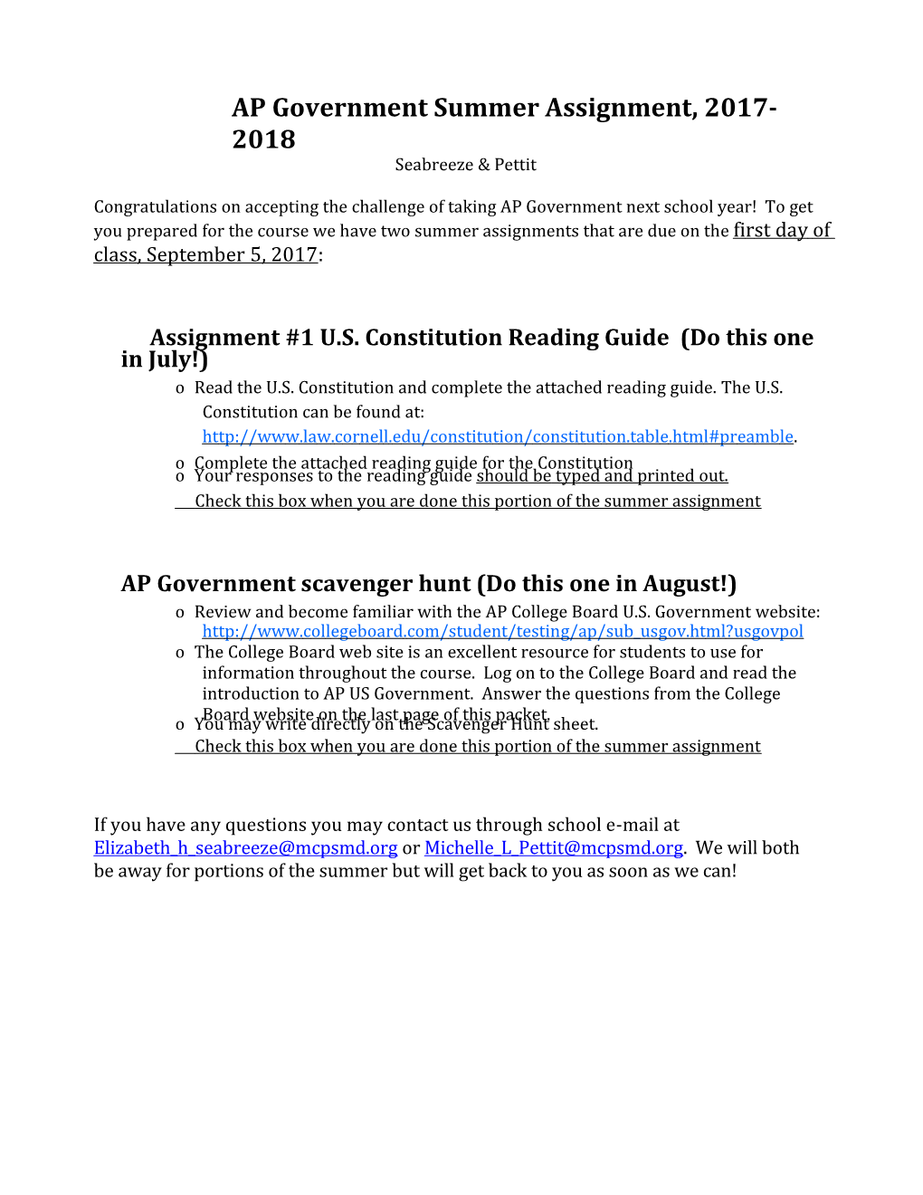 AP Government Summer Assignment, 2017-2018