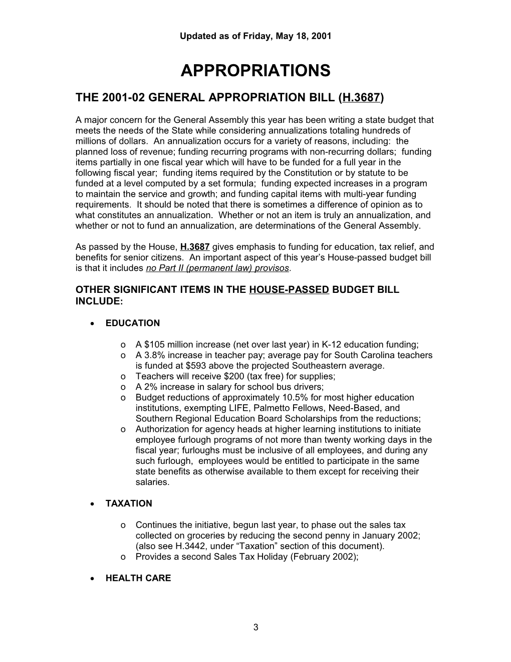 Legislative Update - Vol. 18 No. 20 May 22, 2001 - South Carolina Legislature Online