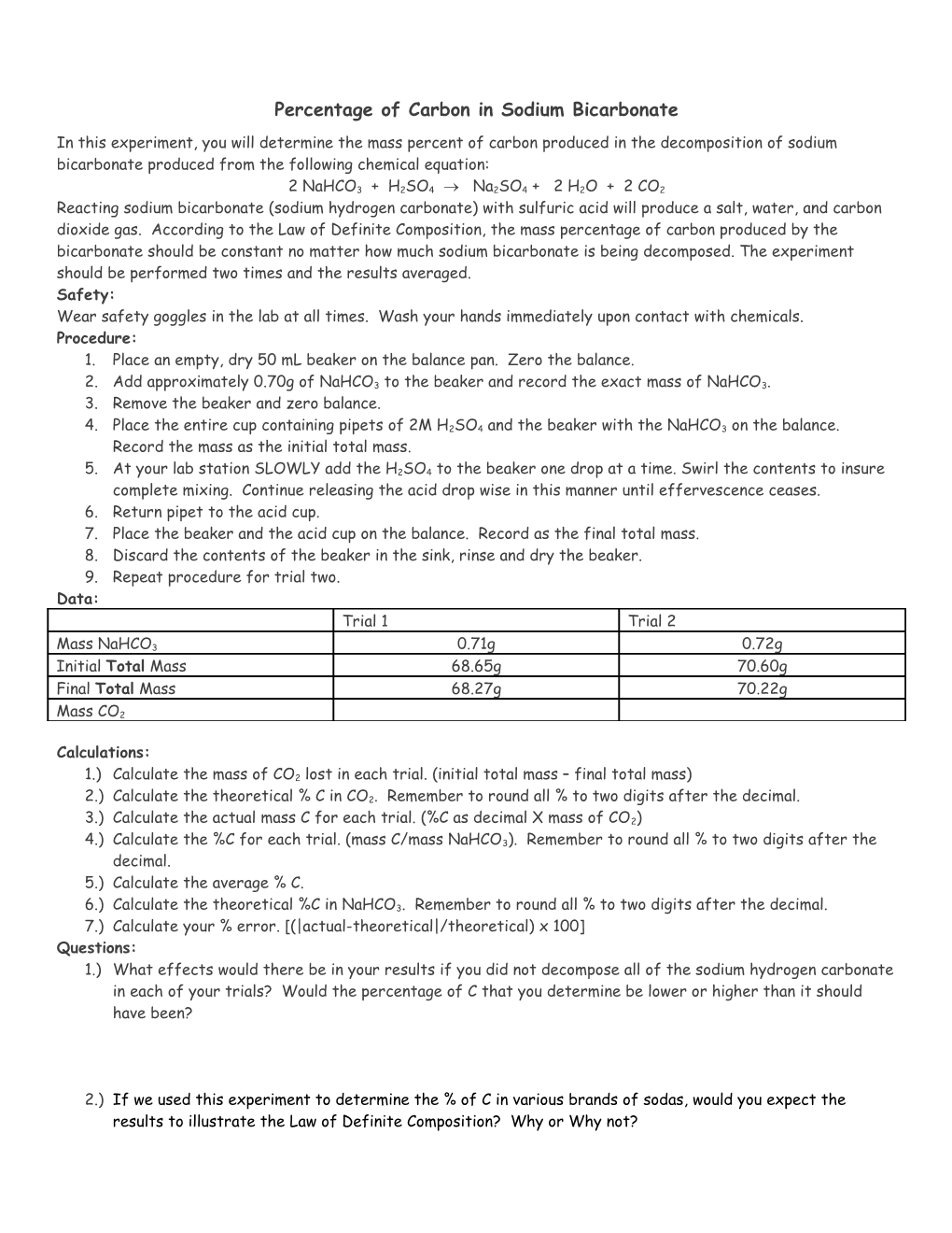 The Mass Percentage of Carbon in Sodium Bicarbonate