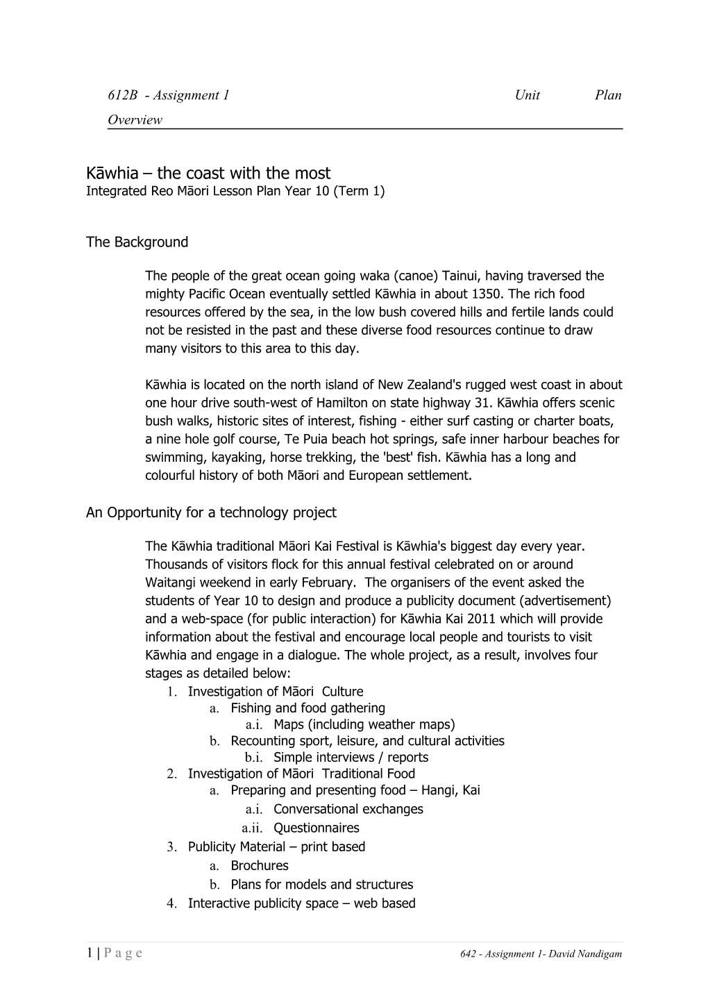 612B - Assignment 1 Unit Plan Overview