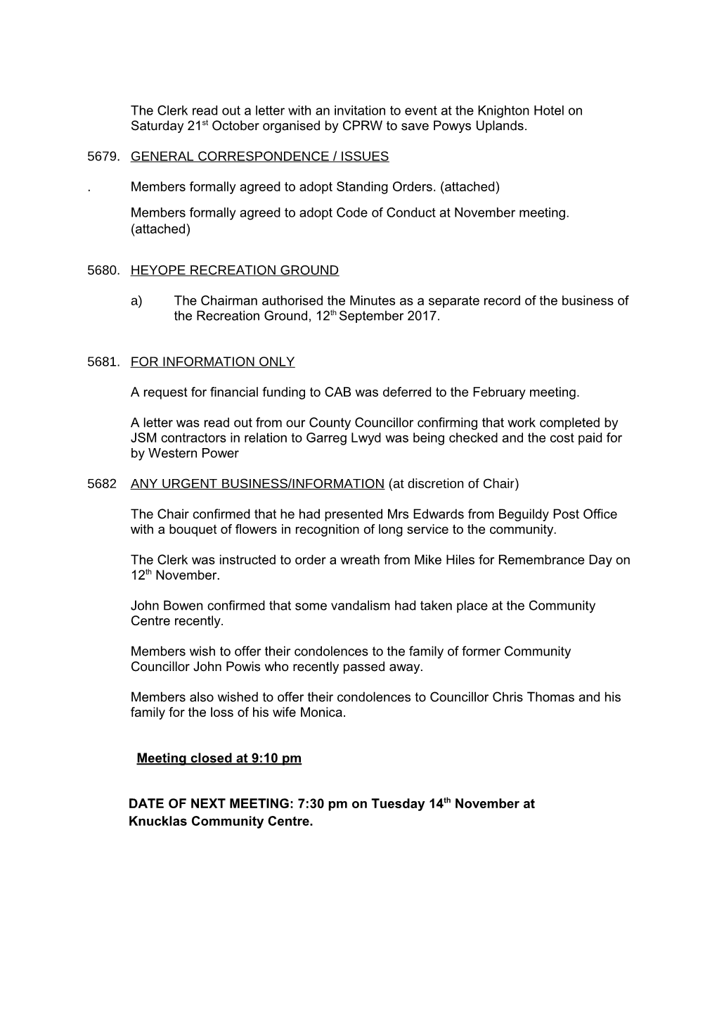 MINUTES of the COUNCIL MEETING HELD on 10Th October 2017 at Felindre Village Hall