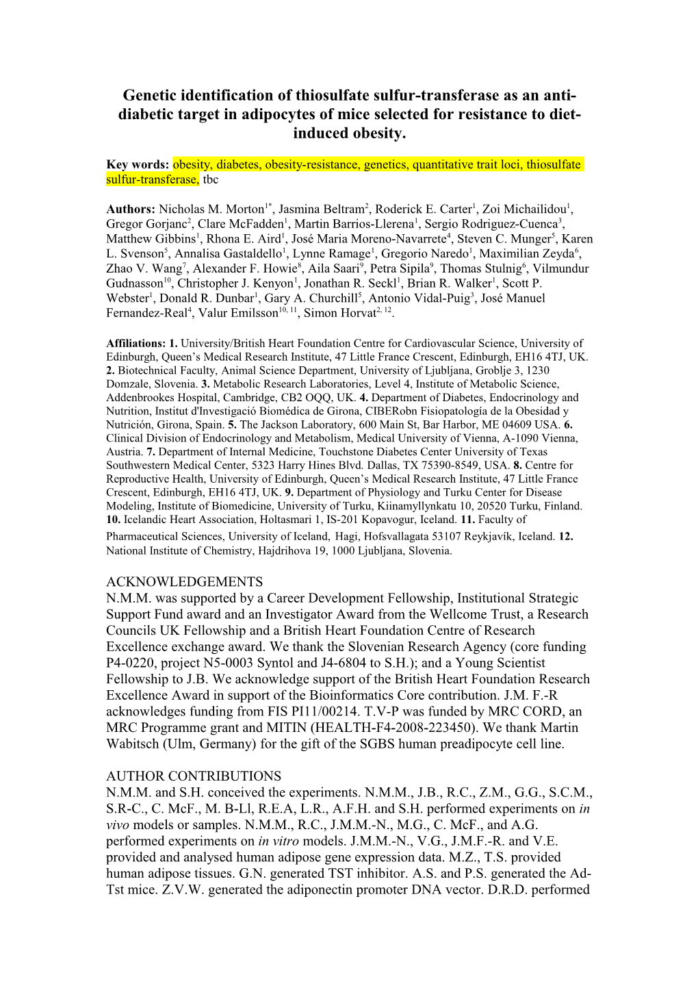 Genetic Identification of Thiosulfate Sulfur-Transferase As an Anti-Diabetic Target