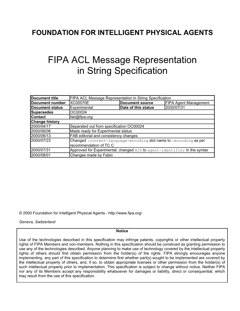 FIPA ACL Message Representation in String Specification