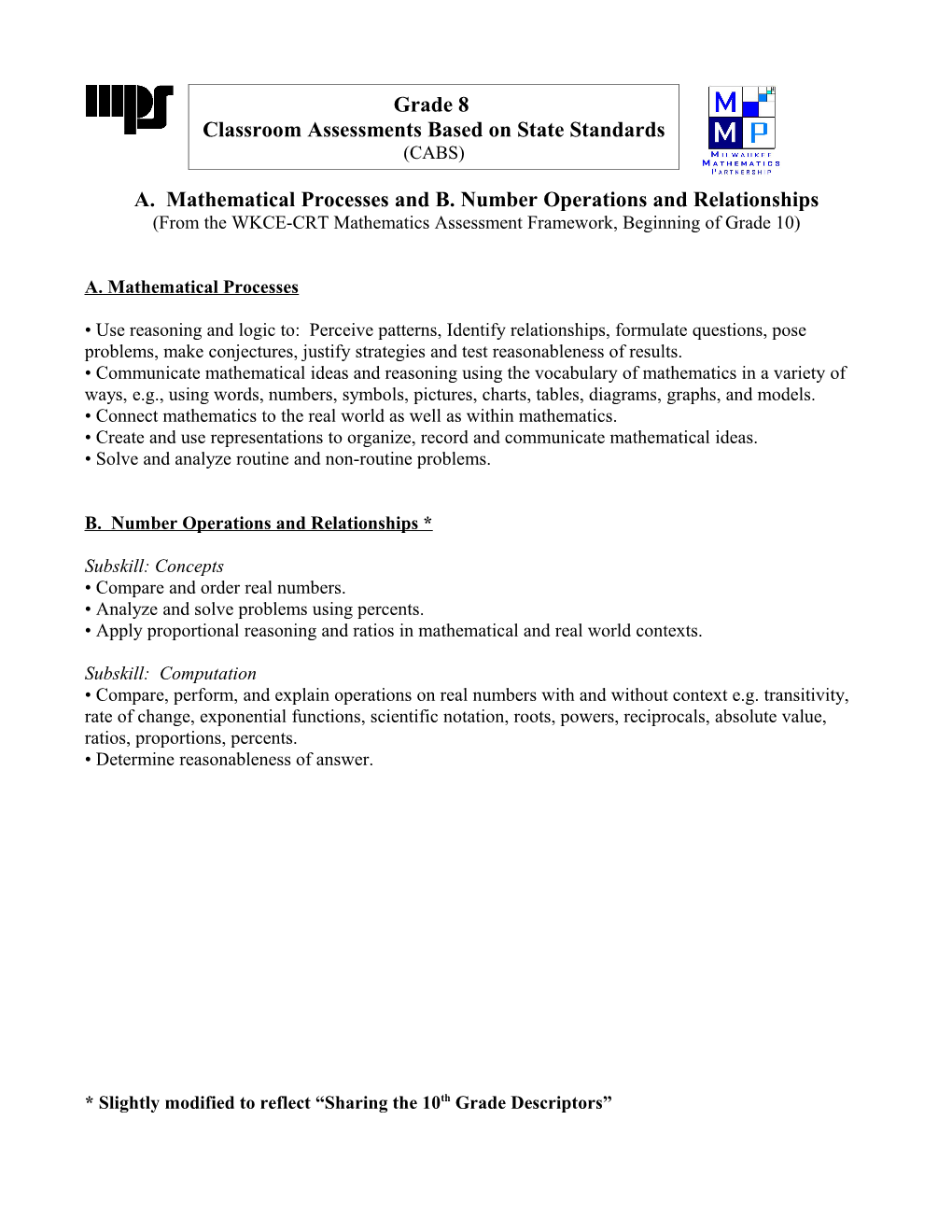 A. Mathematical Processes and B. Number Operations and Relationships