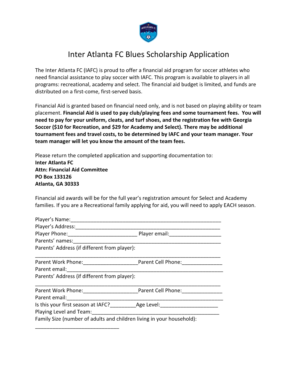 Inter Atlanta FC Blues Scholarship Application