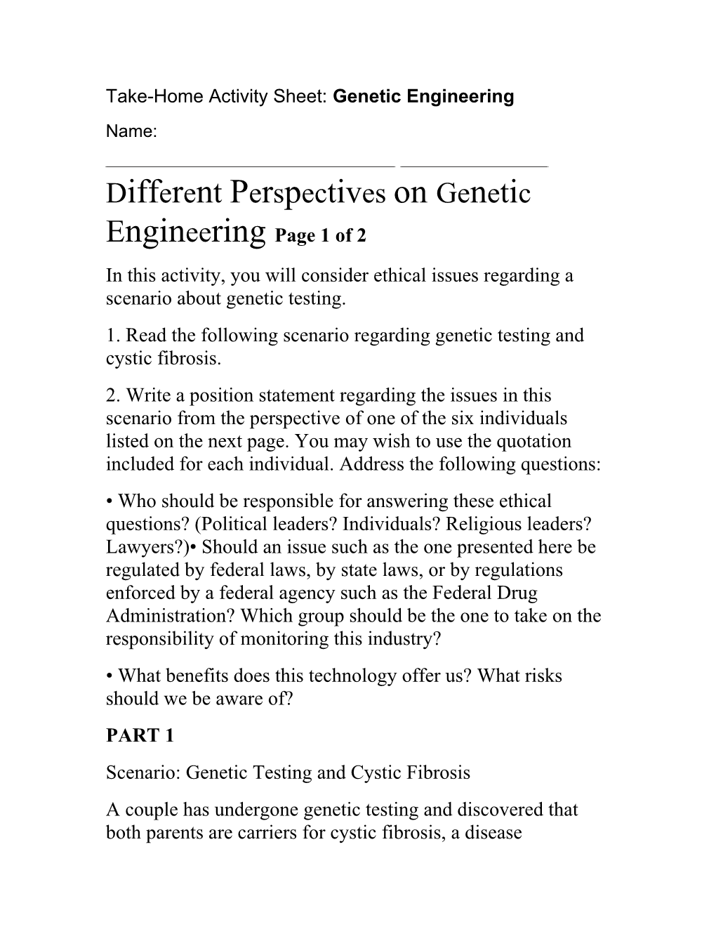 Take-Home Activity Sheet: Genetic Engineering