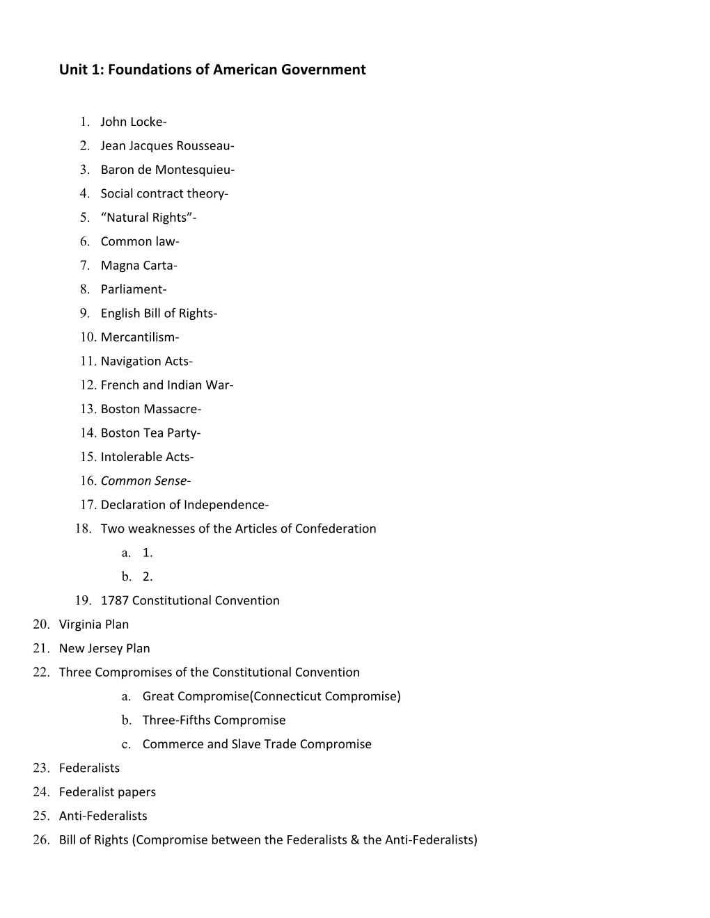 Important Concepts Worksheet