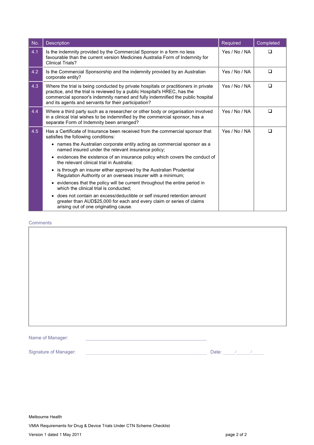 VMIA Requirements for Drug & Device Trials Under CTN Scheme Checklist Continued