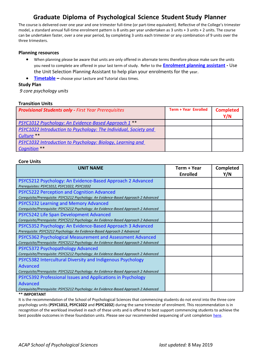 Graduate Diploma of Psychological Science Student Study Planner