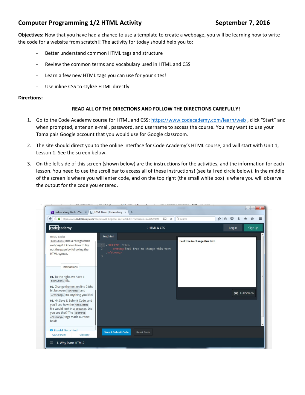 Computer Programming 1/2HTML Activityseptember 7, 2016