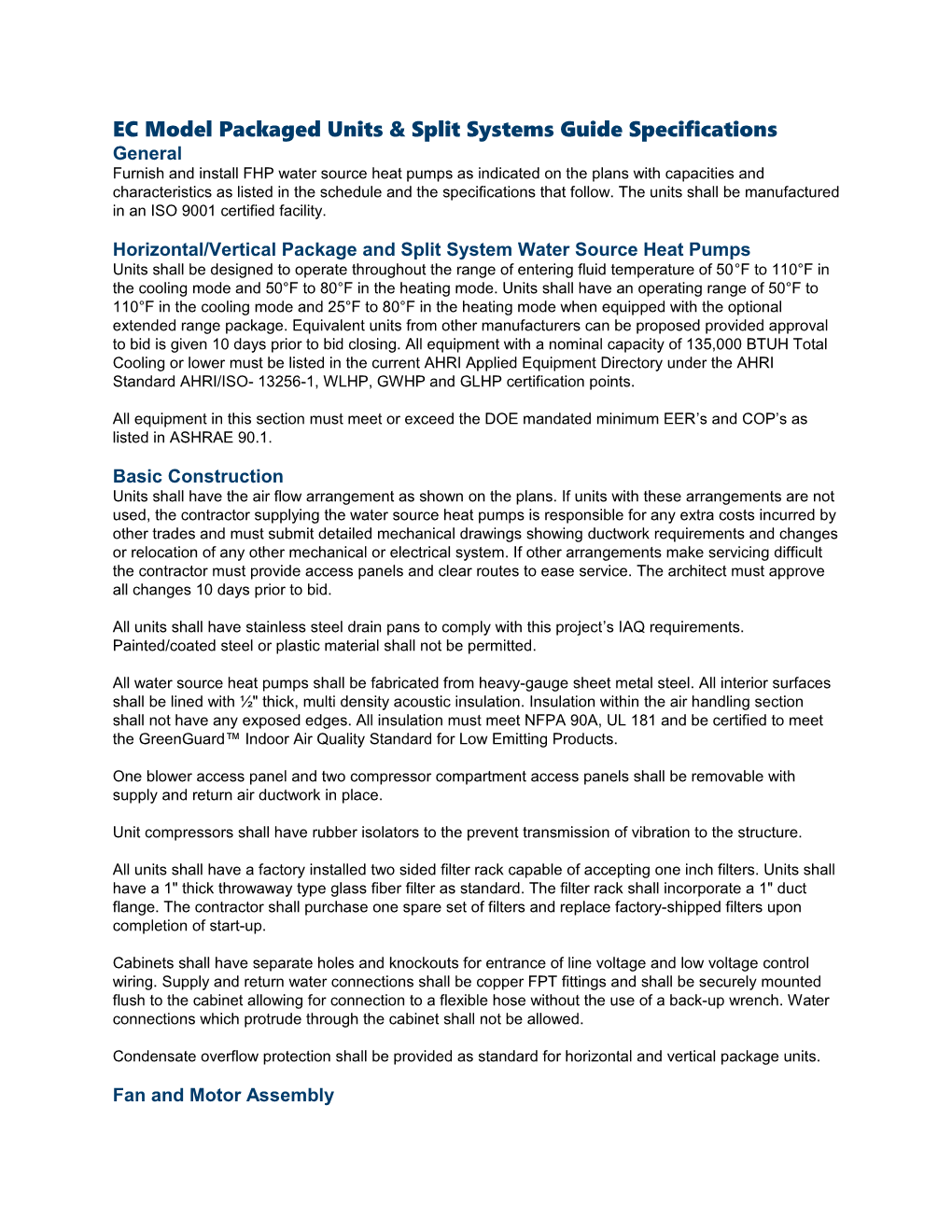 EC Model Packaged Units & Split Systems Guide Specifications