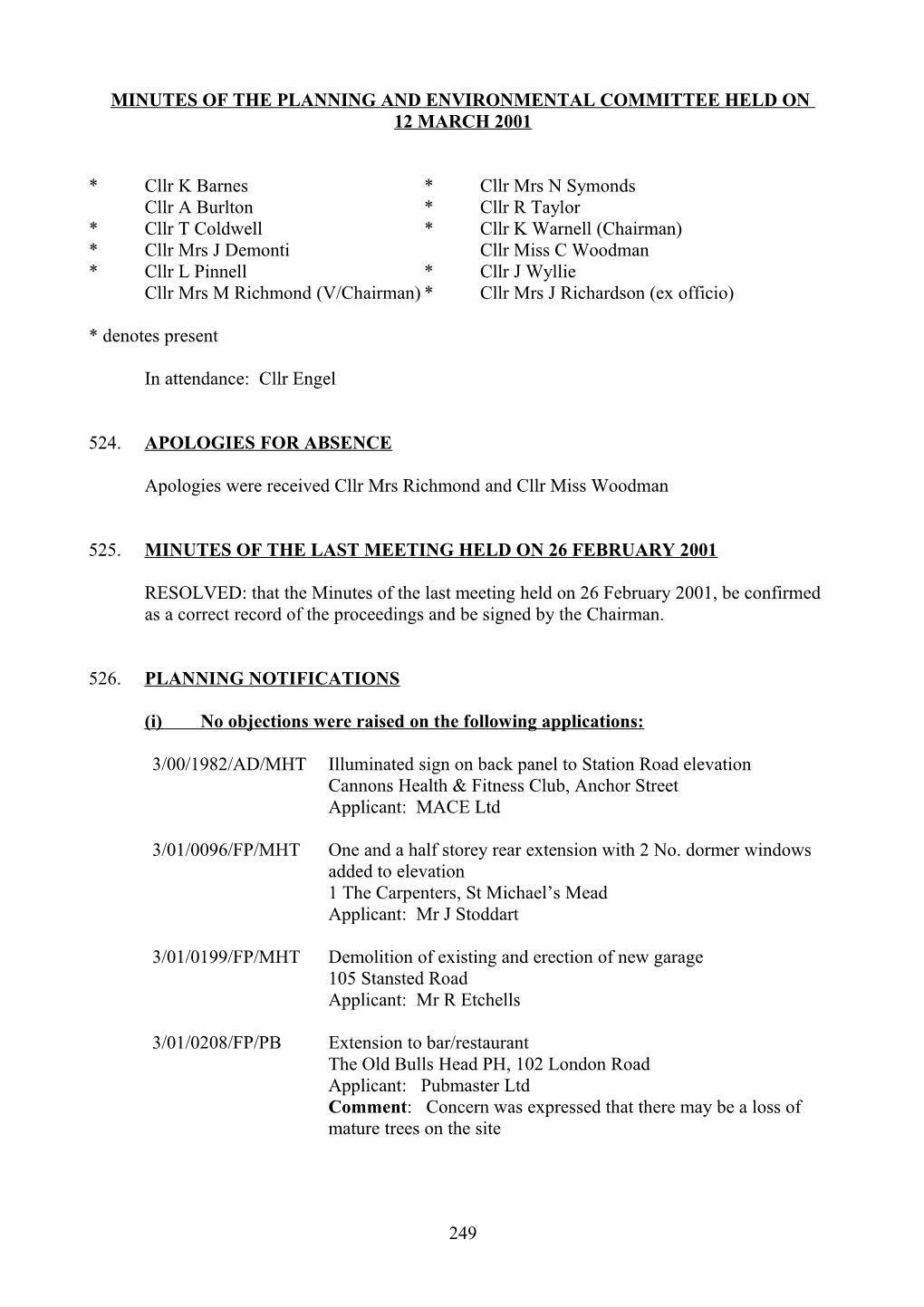 Minutes of the Planning and Environmental Committee Held on 6 November 2000