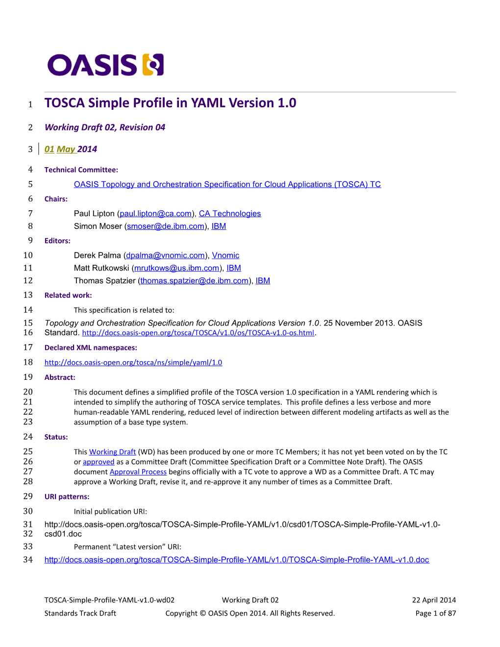 TOSCA Simple Profilein YAML Version 1.0