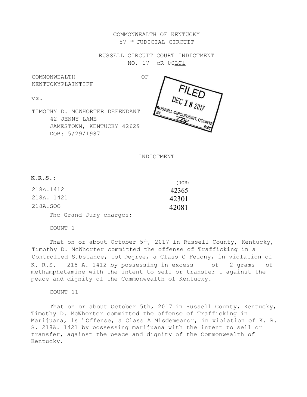 RUSSELL CIRCUIT COURT INDICTMENT NO. 17 -Cr-00Lcl