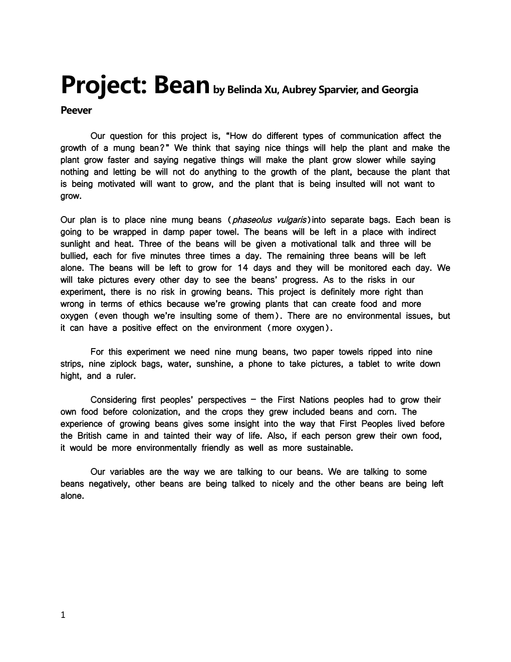 Project: Bean by Belinda Xu, Aubrey Sparvier, and Georgia Peever