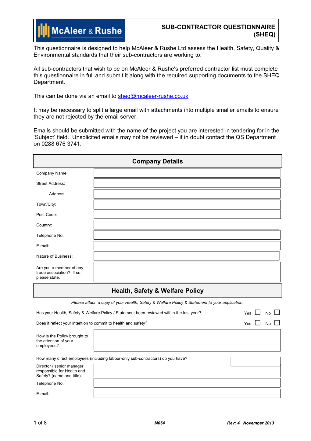Sub Contractor Health and Safety Questionnaire