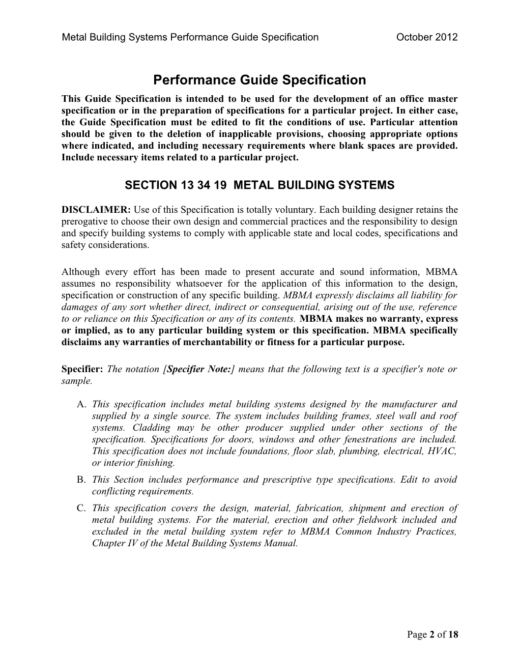 Metal Building Systems Performance Guide Specification