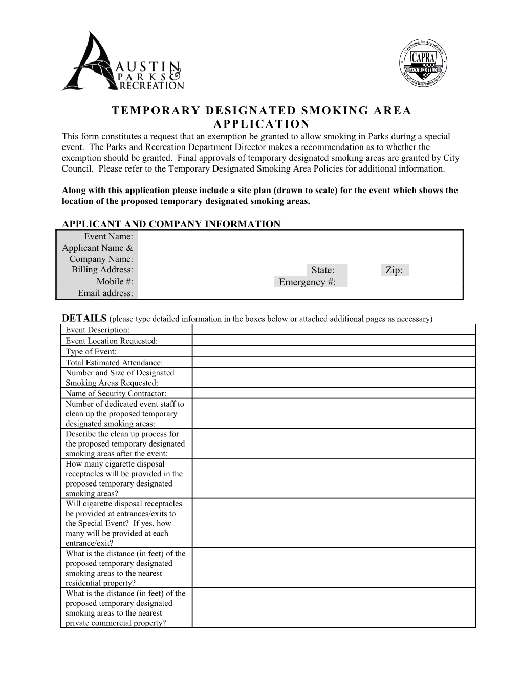 Temporary Designated Smoking Area APPLICATION