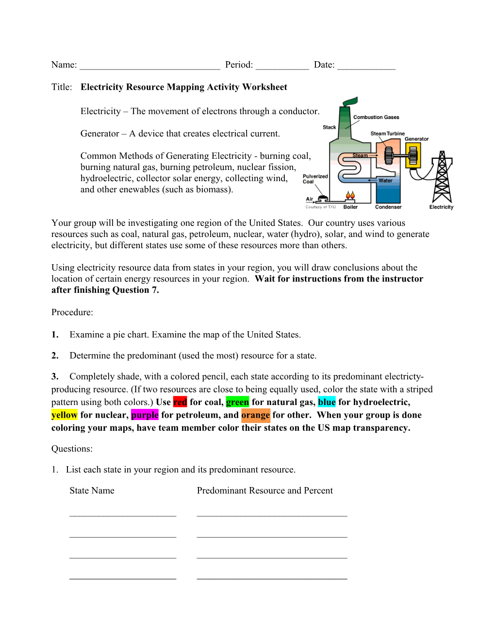 Title: Electricity Resource Mapping Activity Worksheet