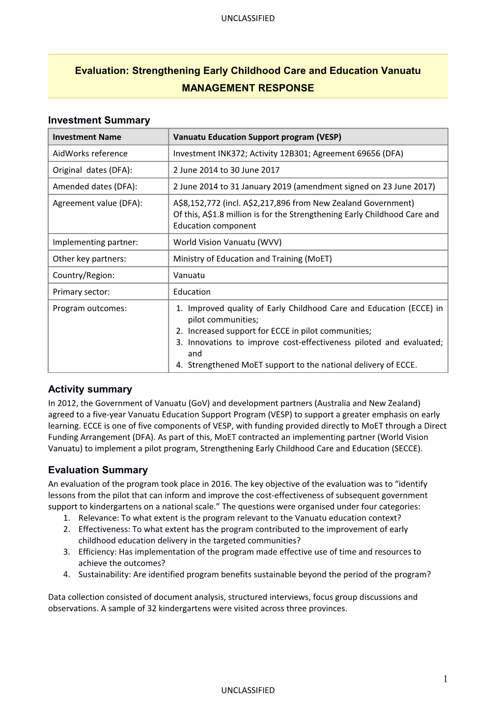 Vanuatu Strengthening Early Childhood Care and Education: Management Response