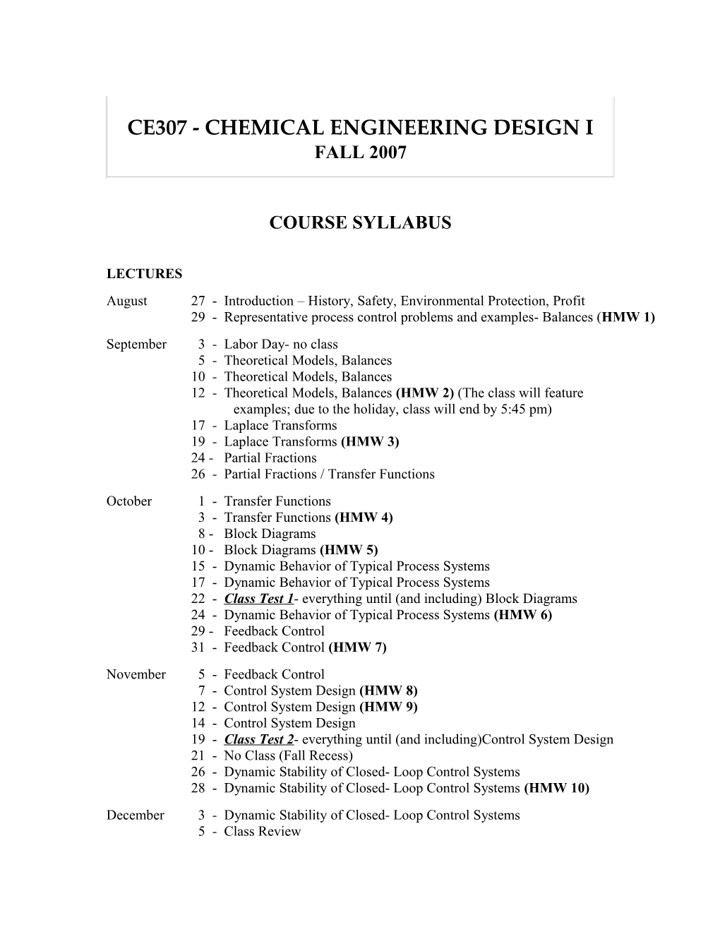Ce307 - Chemical Engineering Design I