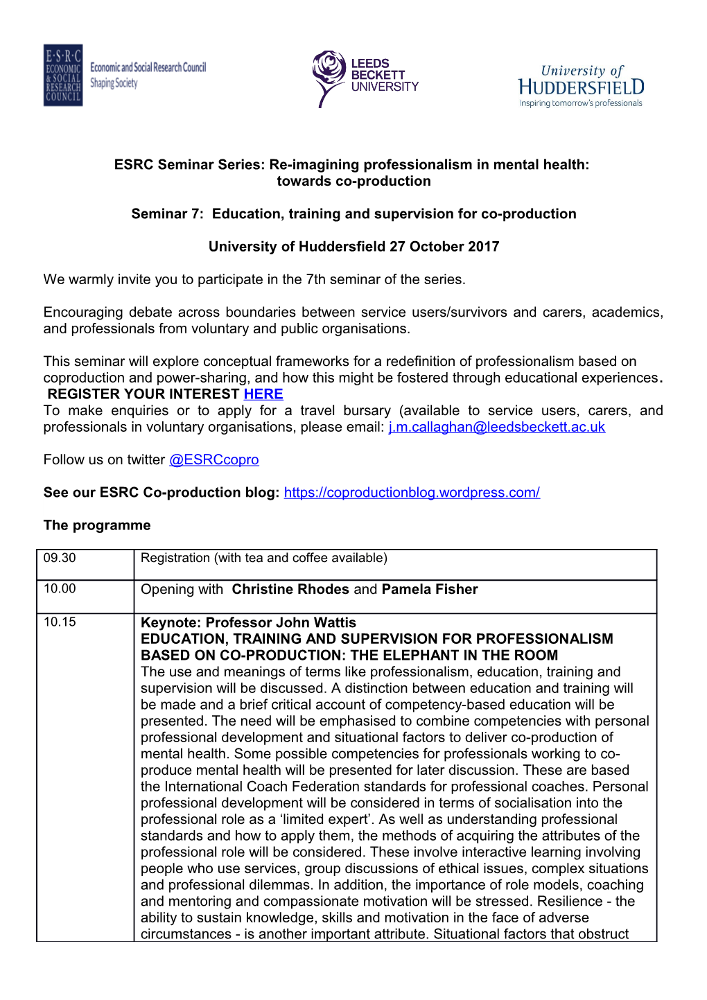 ESRC Seminar Series: Re-Imagining Professionalism in Mental Health