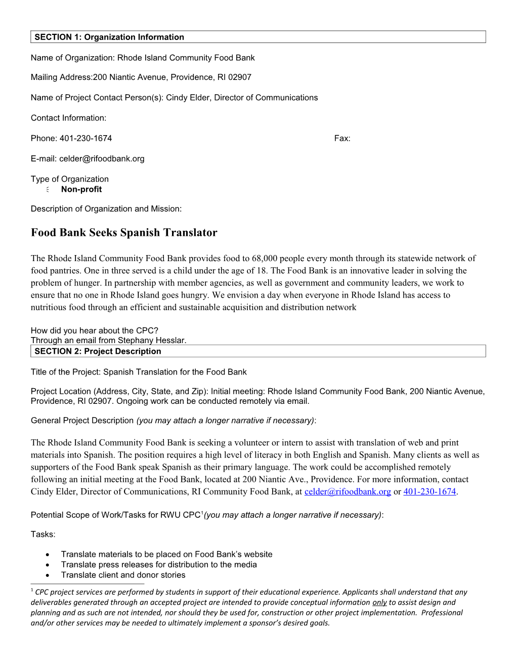 Name of Organization: Rhode Island Community Food Bank