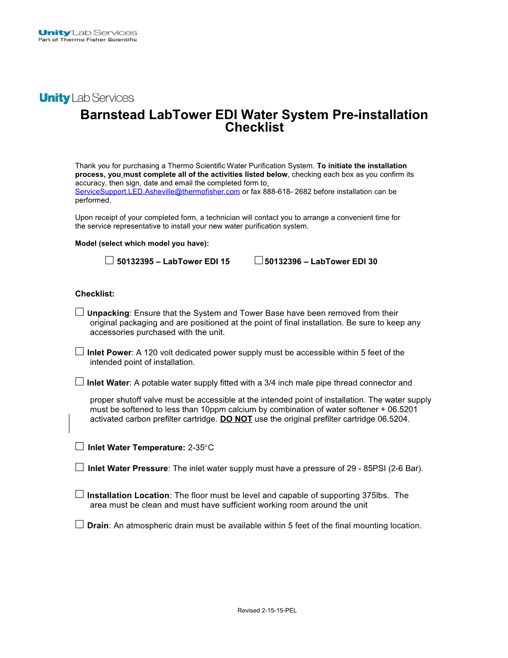 Barnstead Labtower EDI Water System Pre-Installation Checklist
