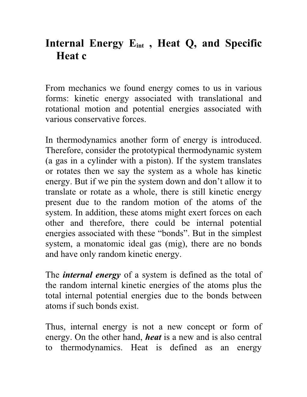Internal Energy, Heat, and Specific Heat