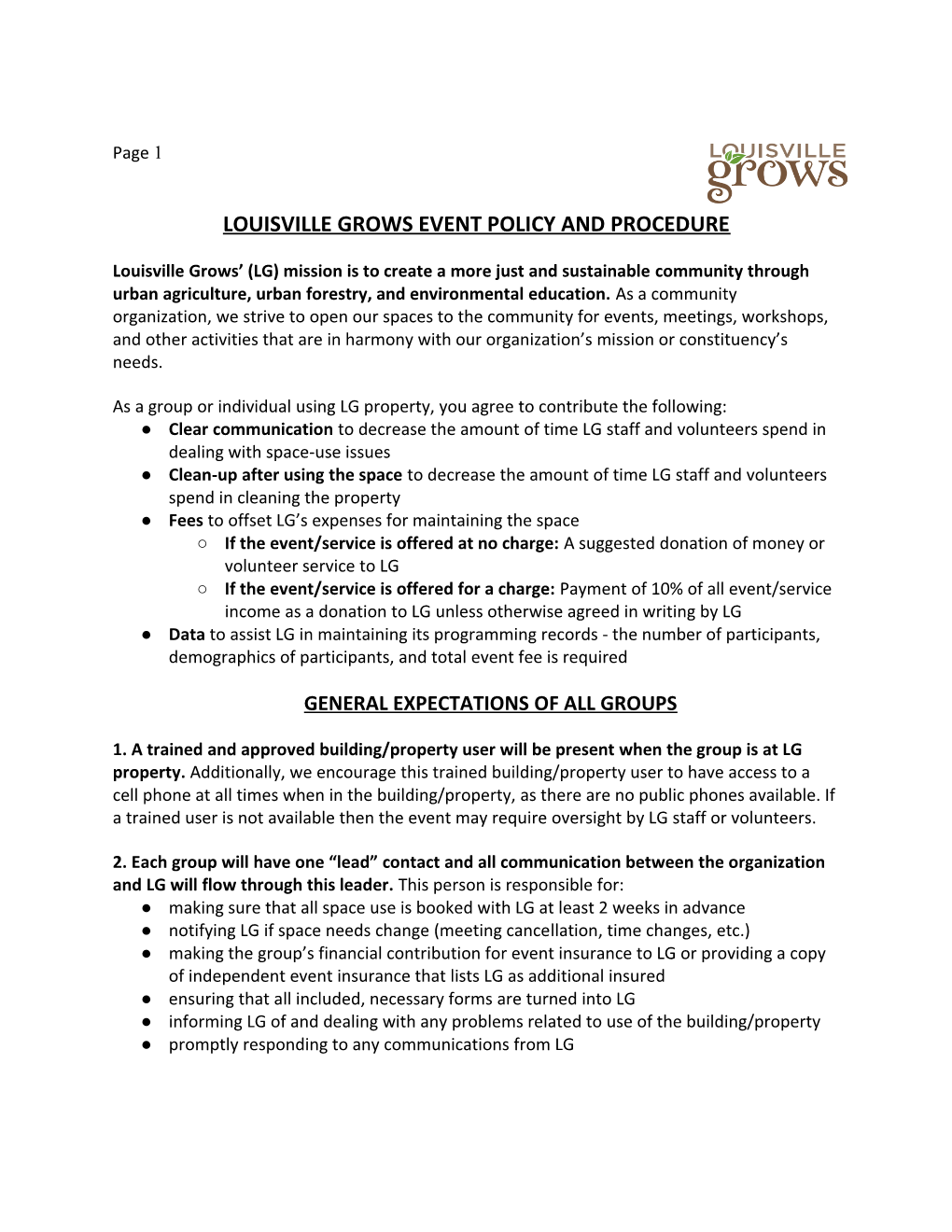 Louisville Grows Event Policy and Procedure