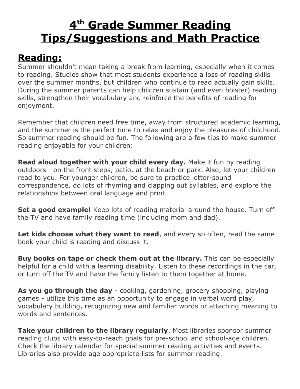 4Th Grade Summer Reading Tips/Suggestions and Math Practice